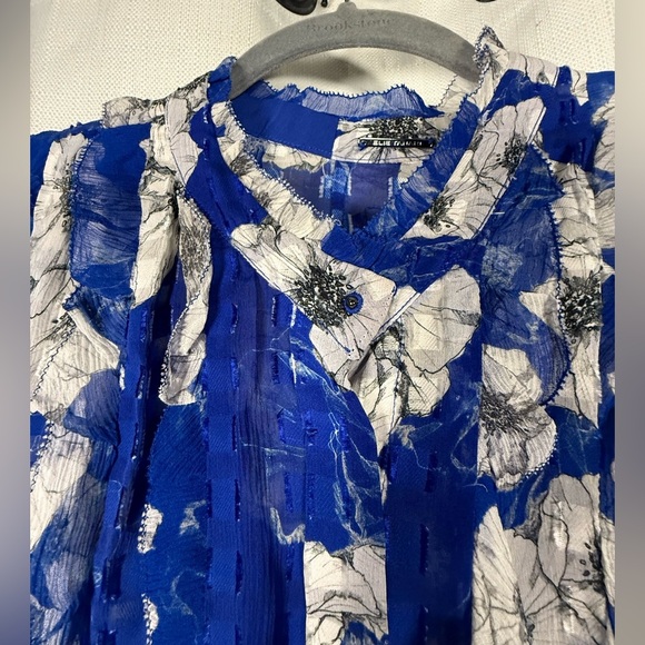Elie Tahari Trixie Ruffle Blue and White Floral Textured Sleeveless Blouse - Picture 6 of 10